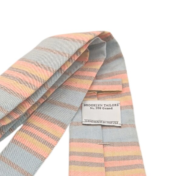 Brooklyn Tailors Cotton Tie Men’s 54.25” Blue Taupe Horizontal Stripe Skinny New - Picture 4 of 4